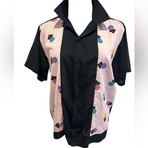 80s BONHOMME BLACK & PINK BOWLING SHIRT W GEOMETRIC PRINT ECLECTIC GRANDPA SZ L